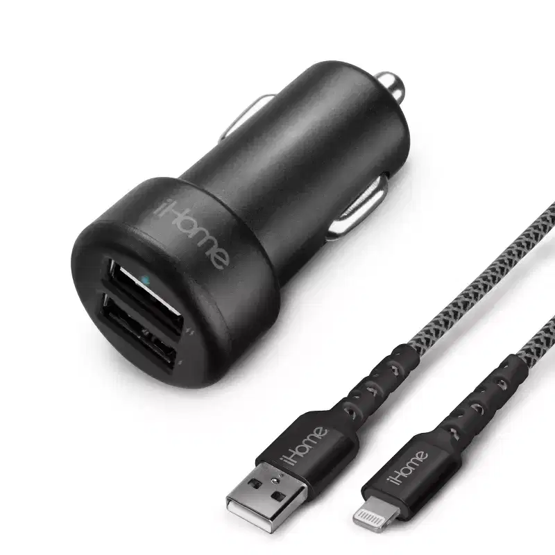 iHome 3.4A Dual Port Car Charger with 6ft Lightning Cable, Fast 12W Charging, Compact Design