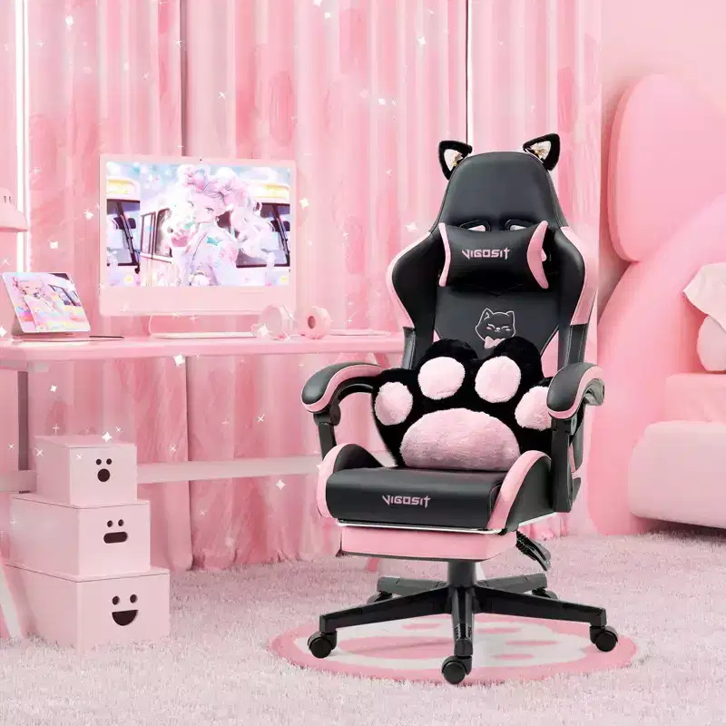 Okak Modern Cute Cat Swivel Gaming Chair with Paw Lumbar Cushion,High Ergonomic Task Chair Computer Chair for Adults