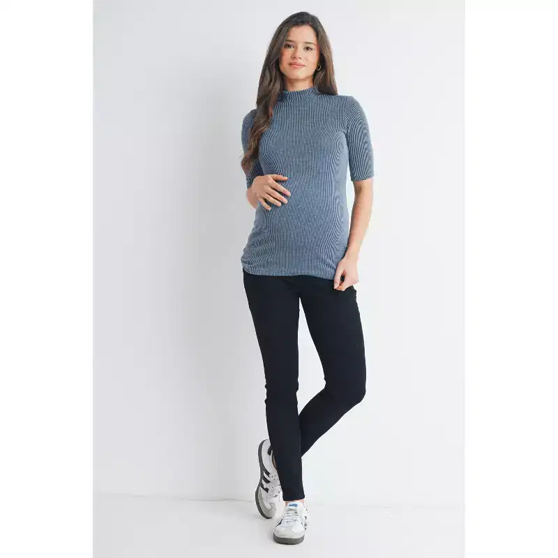 Hello Miz Women's Ribbed Mock Neck Elbow Sleeve Maternity Top