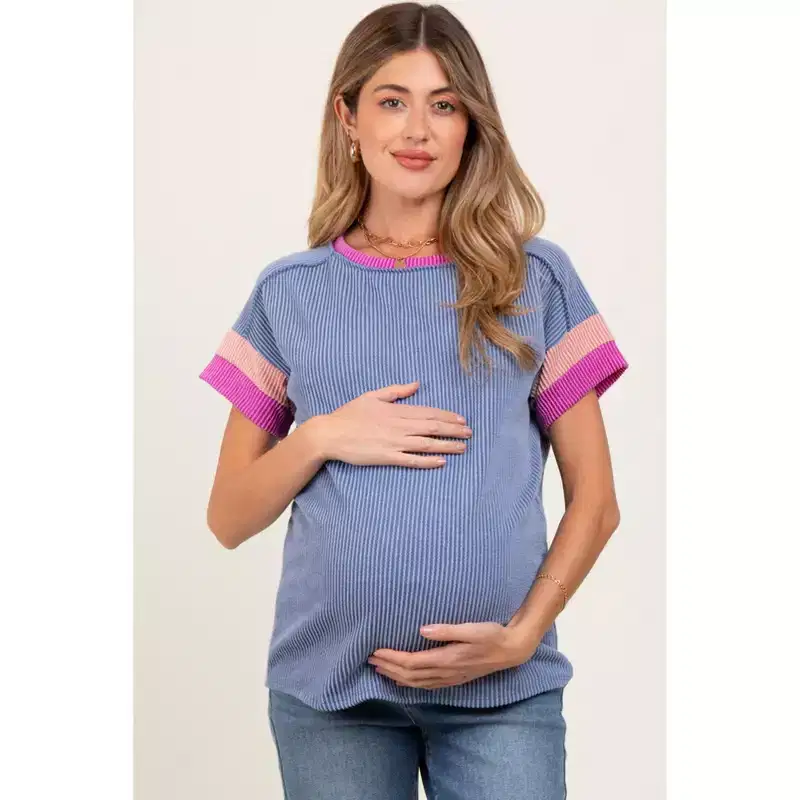 Pinkblush Blue Ribbed Colorblock Detail Maternity Short Sleeve Top