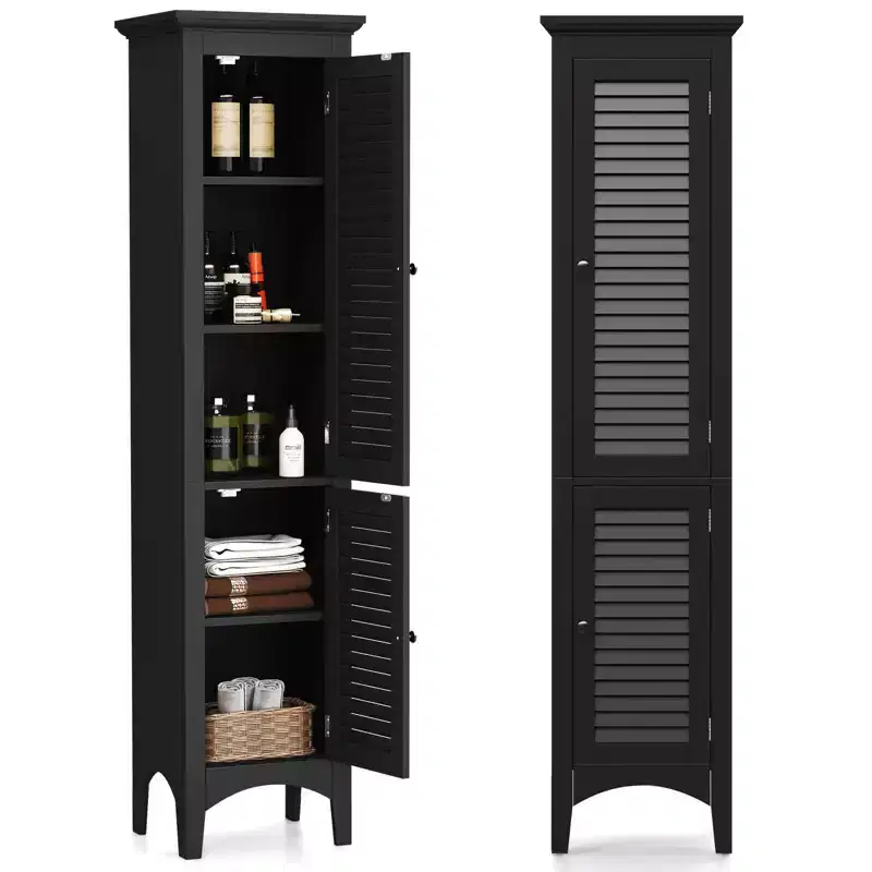 Costway 63 Tall Bathroom Cabinet with 2 Louvered Doors & Adjustable Shelf, Elevated Legs Gray/Black/White/Brown