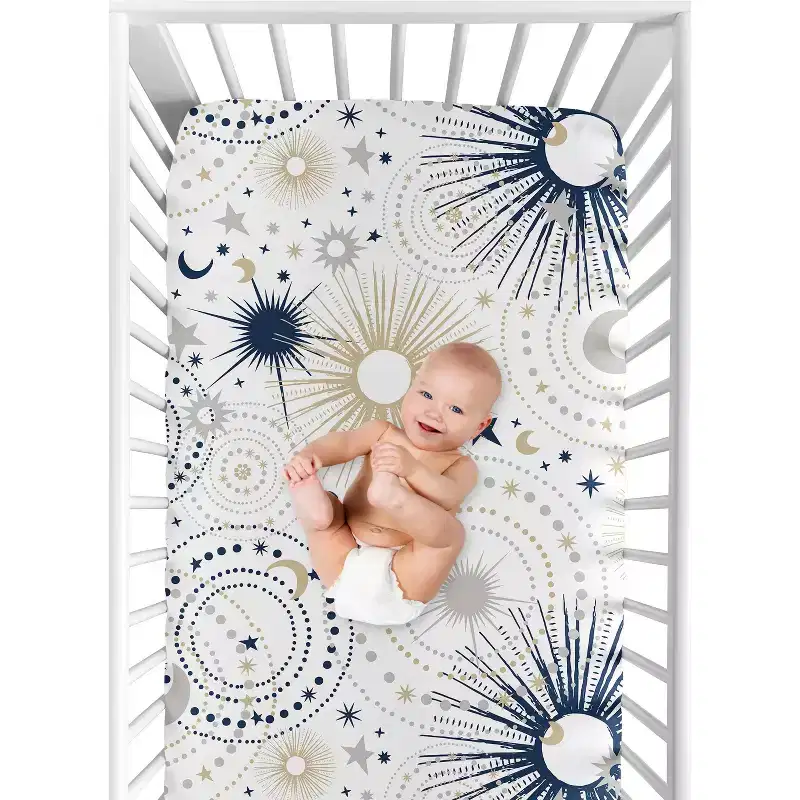 Sweet Jojo Designs Gender Neutral Baby Fitted Crib Sheet Celestial Navy Blue Gold and White