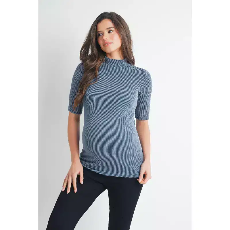 Hello Miz Women's Ribbed Mock Neck Elbow Sleeve Maternity Top