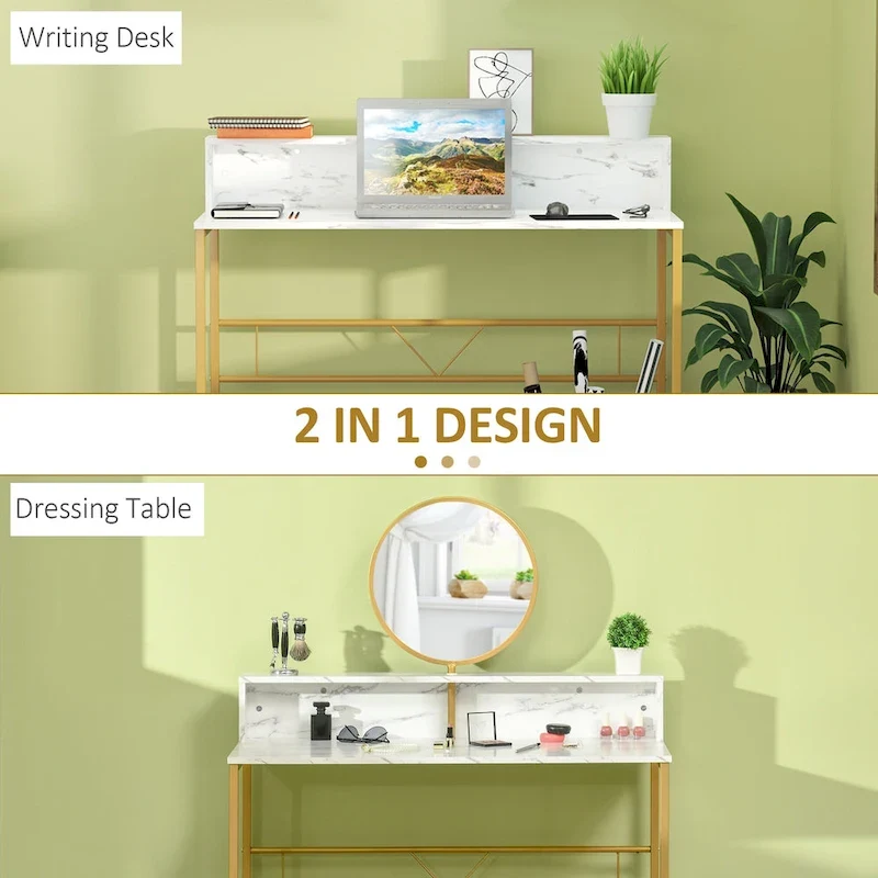 HOMCOM Modern Vanity Makeup Desk with Mirror, Dressing Table, White & Gold