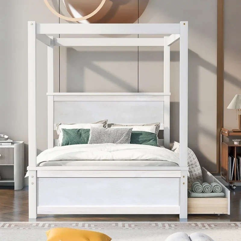 Full Size Wood Canopy Bed with two Drawers