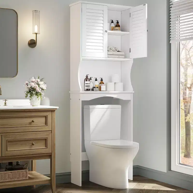 Space-Saving Over The Toilet Storage Cabinet  3-Tier Freestanding Bathroom Organizer with Adjustable Shelf, Double Doors, Hooks, Anti-Tip Safety