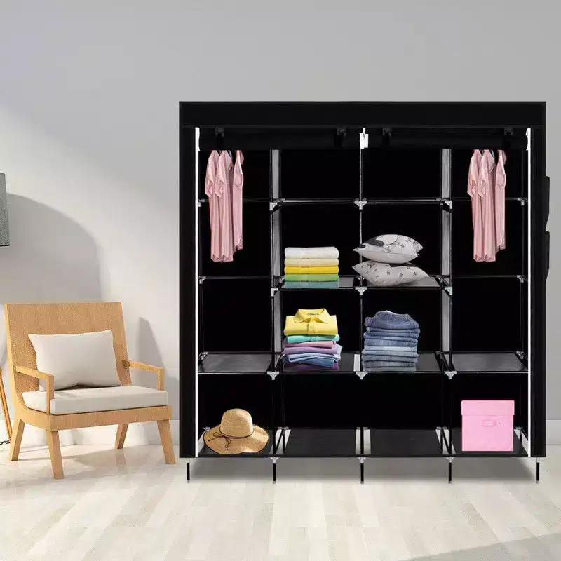 12-Cube Portable Closet Wardrobe with 2 Hanging Rods & 4 Side Pockets, 4-Tier Non-Woven Fabric Storage Organizer Black