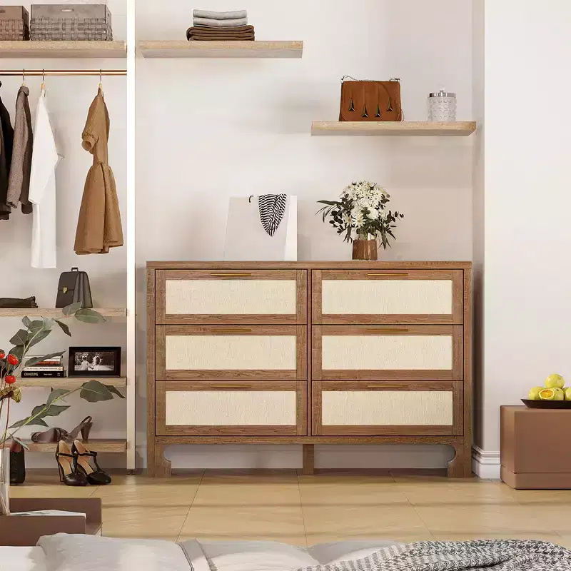 6 Drawer Burlap Design Dresser Chest - Rustic Oak