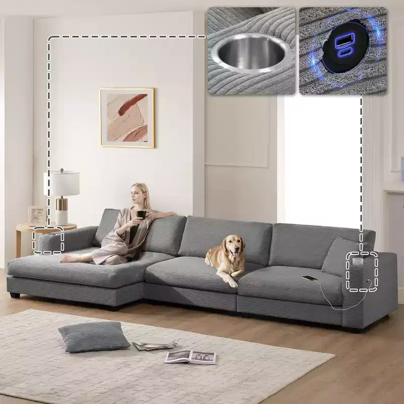134 4-Seat Oversized Corduroy Sectional Sofa with USB Charging Port and Cup Holder, L Shaped Cloud Couch, Deep Seat Sofa Bed