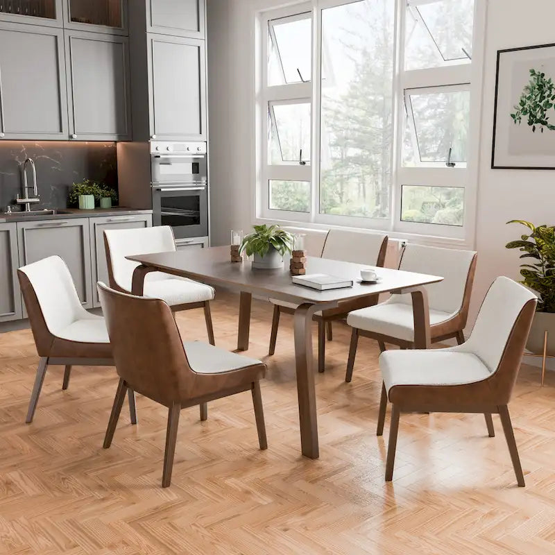Furniture of America Beau I Mid-century Walnut 7-Piece Rectangle Dining Table Set