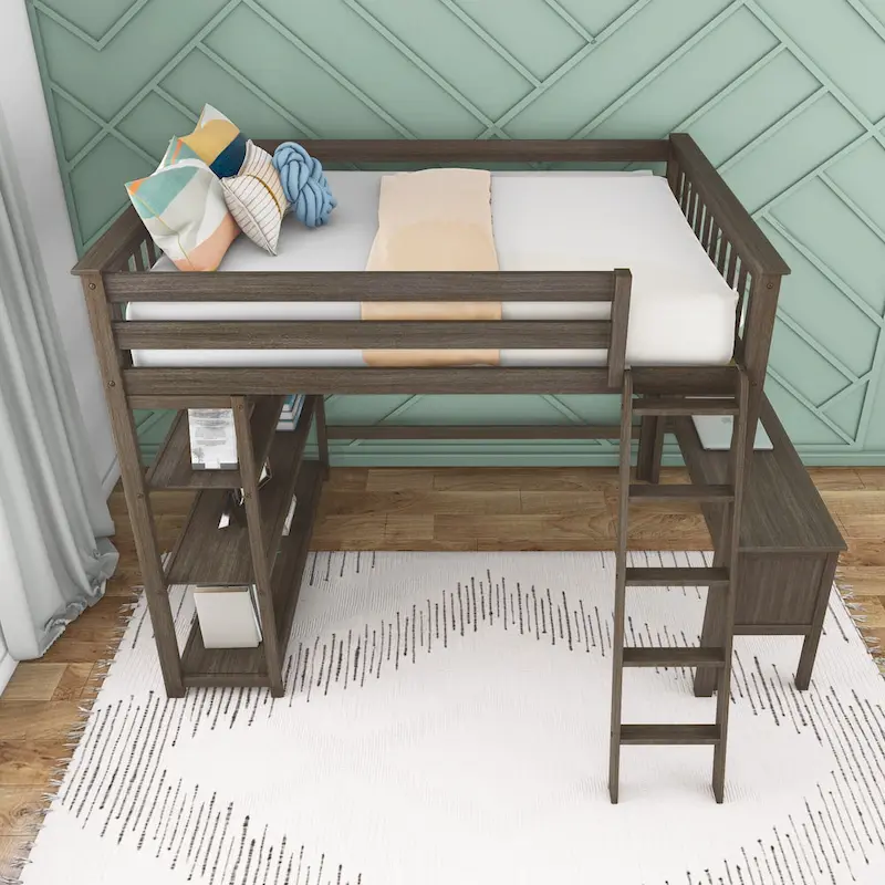 Full Size High Loft Bed with Bookcase and Desk – Walnut / Pecan / Clay, 1-Person Use