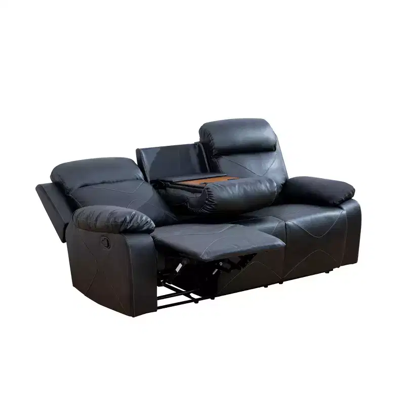 Reclining Sofa, 3-Seat Breathable Leather Recliner with Reversible Coffee Table for Living Room, Black