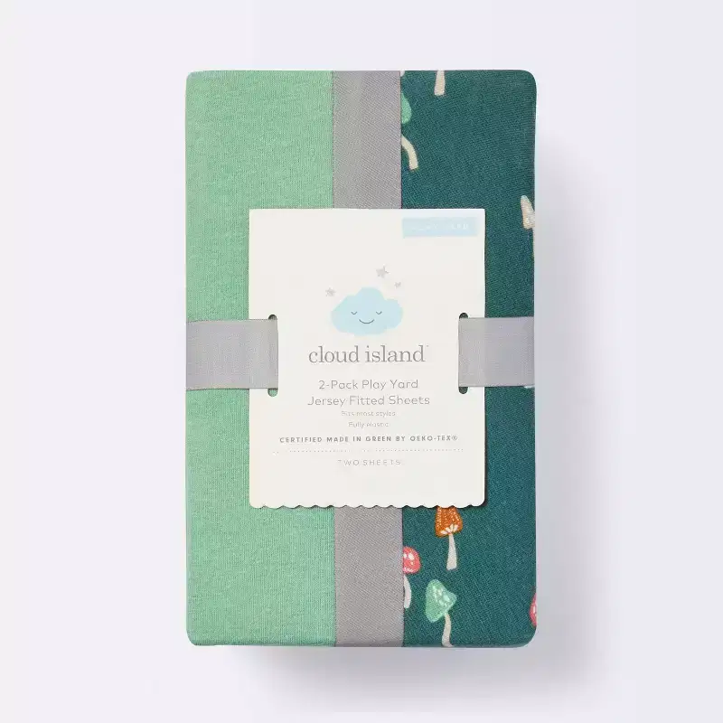 2pk Fitted Jersey Playard Crib Sheets - Mushroom/Solid Green - Cloud Island™: Food Pattern, 6" Deep Fit, Cotton & Spandex Mix