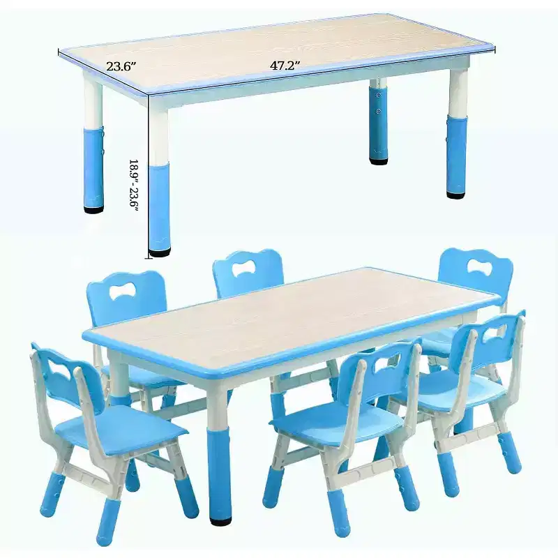 Kids Table and Chairs Set, Height Adjustable Desk with 6 Seats for Ages 2-10, Max 300lbs, Children Multi-Activity Table for Daycares,Home