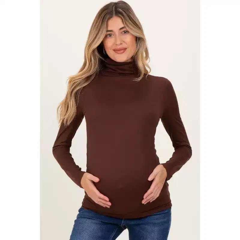 Pinkblush Brown Brushed Knit Basic Turtleneck Maternity Top