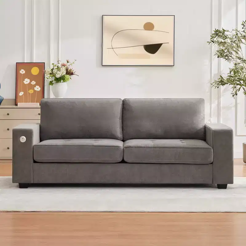 Modern Sofa 2-Seater, Chenille Upholstery with Extra Large Seat, USB/Type-C Charging Port & Side Pocket, Medium Firm Cushion