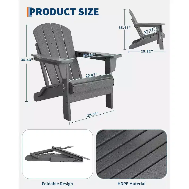 Acekool Folding Adirondack Chairs set of 2, HDPE Plastic Outdoor Chair Wood Texture, 380lbs, Patio/Deck/Backyard