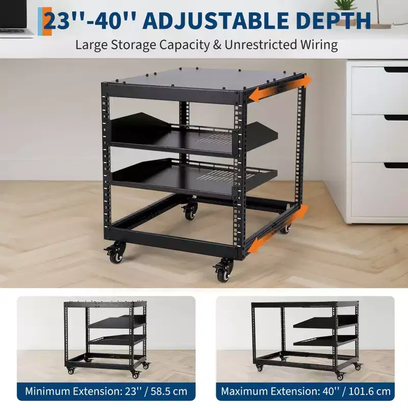 Open Network Rack, Carbon Steel, Height Adjustable 22-40 in, Wall Mount & Free Standing, 2 Trays & Casters, Server Rack Holds IT/AV Equipment.