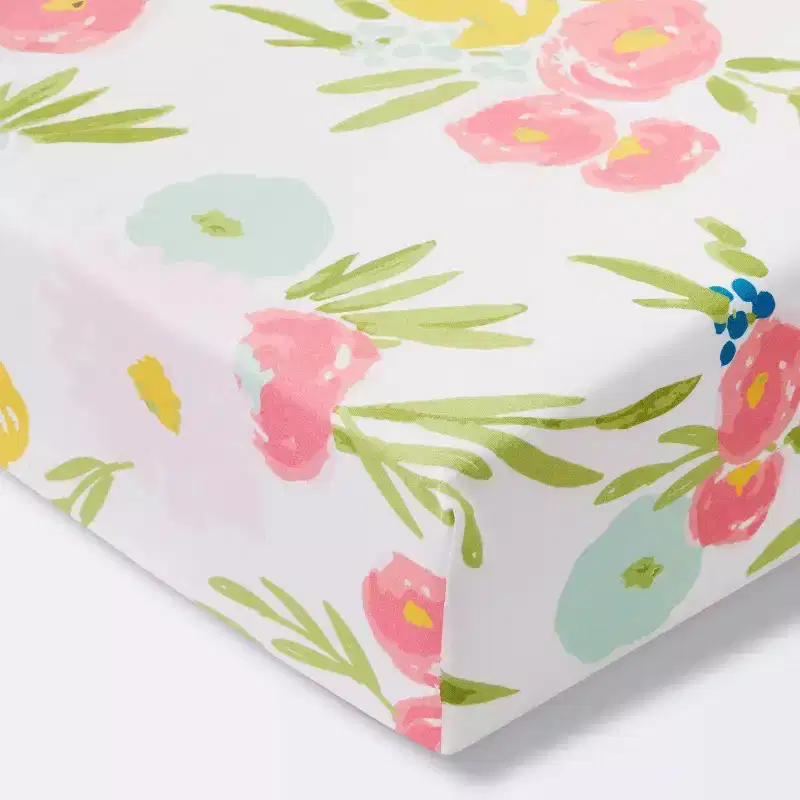 Cotton Fitted Crib Sheet Floral - Cloud Island™ Pink: Standard Crib/Toddler, 228 Thread Count, 1-Pack