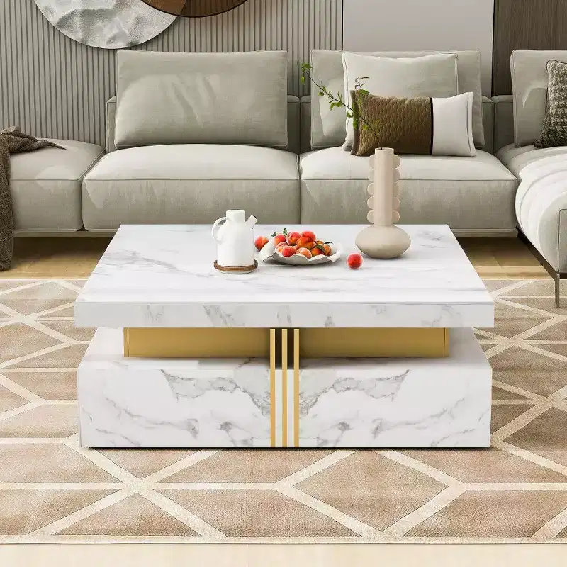 Coffee Tables With 4 Storage Drawers Modern Square Design Cocktail Table For Living Room Office Bedroom 16.5D x 43.3W x 43.3H