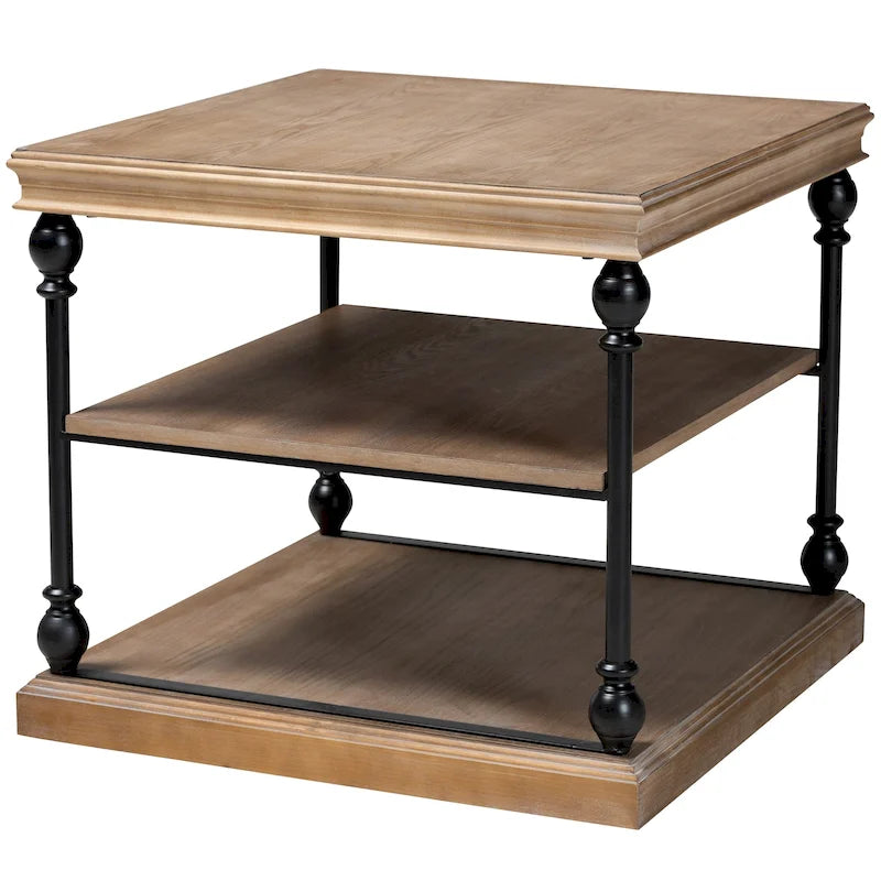 Traditional Industrial Wood and Black Metal 3-Tier End Table