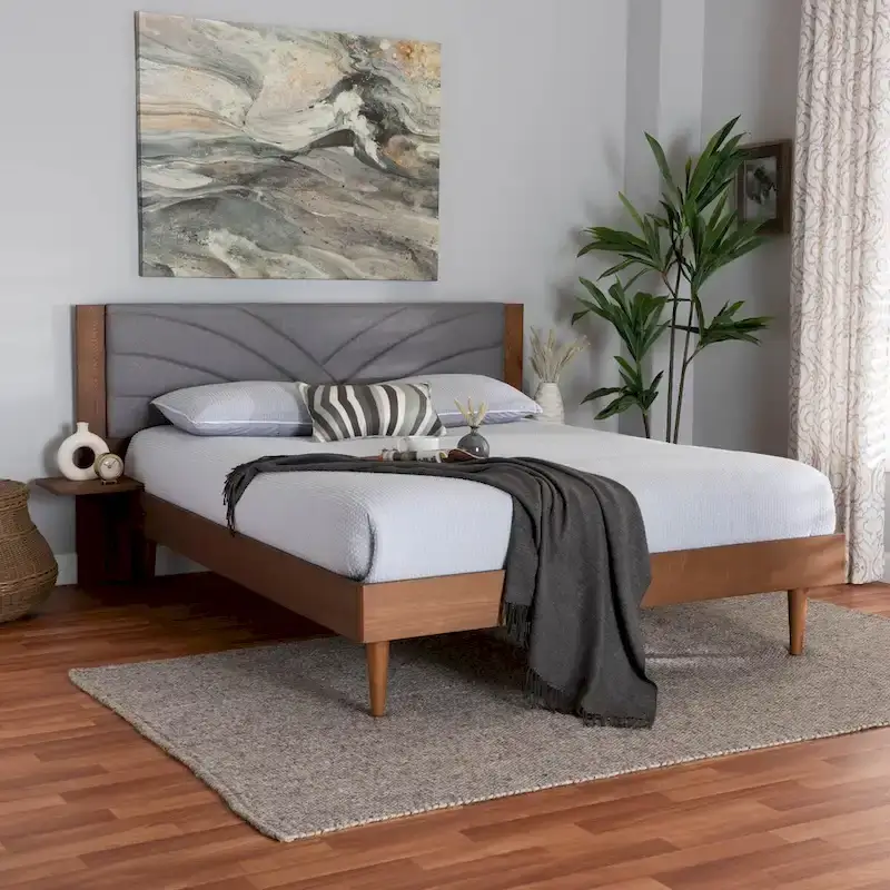 Grey / Walnut Brown Mid-Century Channel-Tufted Platform Bed with Floating Side Shelves – Queen or King