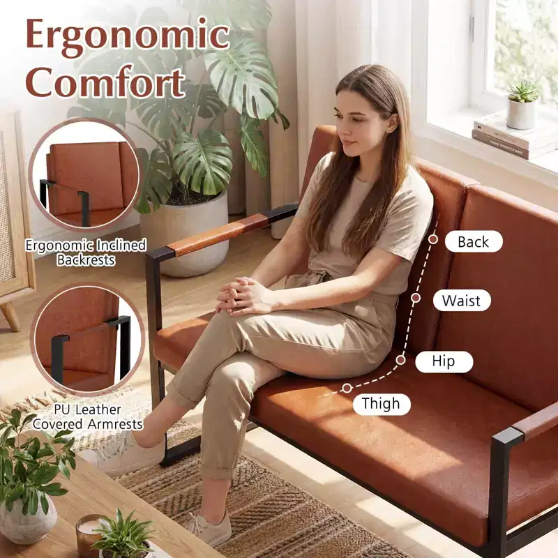 Modern 2-Seater Loveseat Sofa with Solid Metal Frame & Removable Back Cushions, Brown/Gray + Black
