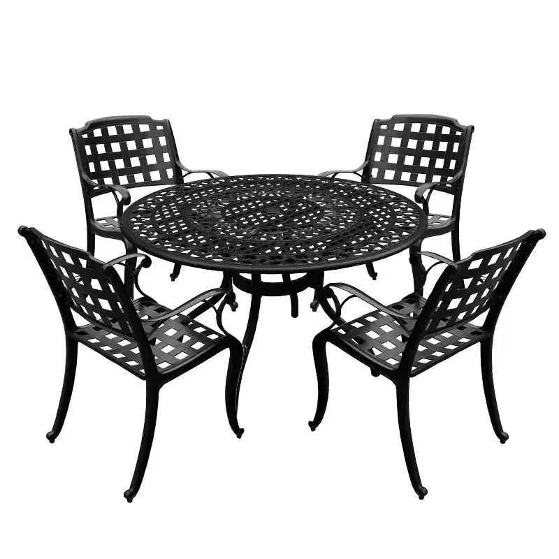 5pc Patio Dining Set with 48" Ornate Outdoor Mesh Aluminum Round Table & Checker Chairs - Black - Oakland Living: UV-Resistant, Mold-Resistant