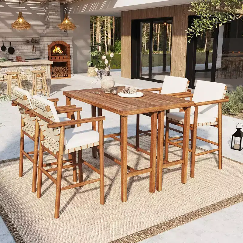 GDFStudio Carter Patio Modern 6-Piece Acacia Wood Counter Height Bar Dining Set with Stools