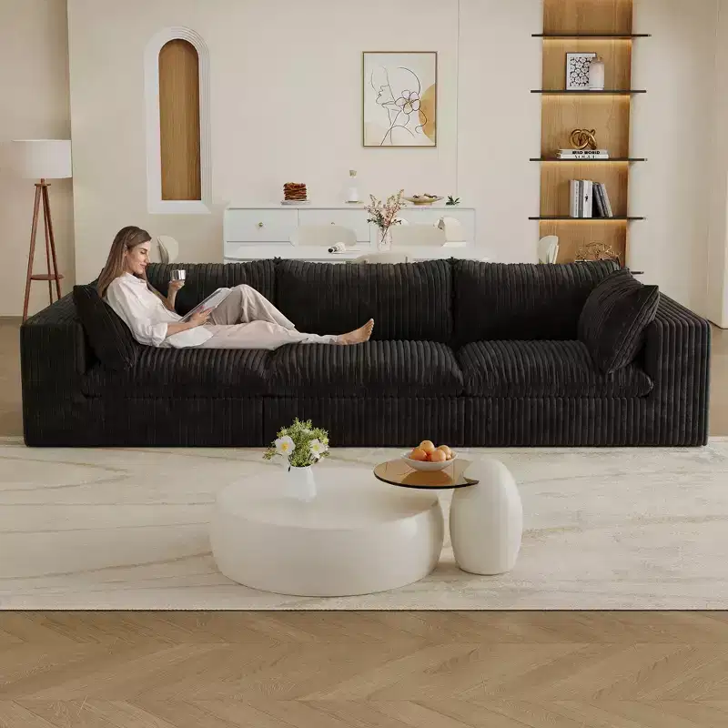 118.2 Blue Corduroy Fabric Deep Seat Couches Cloud Sofa for Living room Double-layer design Removable Cushion No Assembly