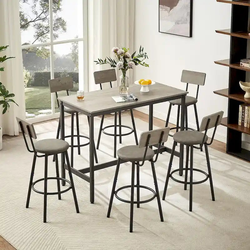 Rustic Style 7-Piece Dining Set with Rectangular Table and PU Leather Bar Chairs